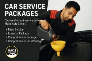 Car service in progress at Mac’s Auto Clinic, showing oil refill during vehicle maintenance with funnel and engine ba